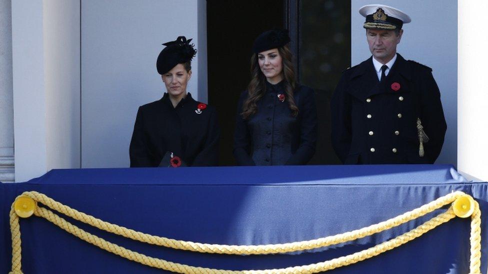 Countess of Wessex (L), Catherine, The Duchess of Cambridge (C) and Vice Admiral Timothy Laurence