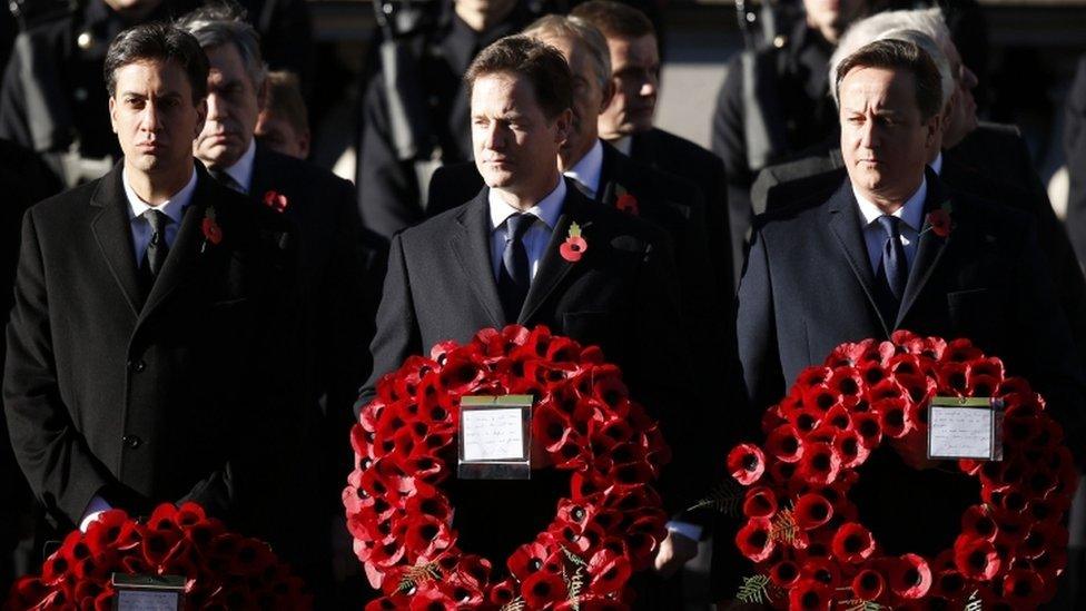 Labour Leader Ed Miliband, Deputy Prime Minister Nick Clegg and Prime Minister David Cameron