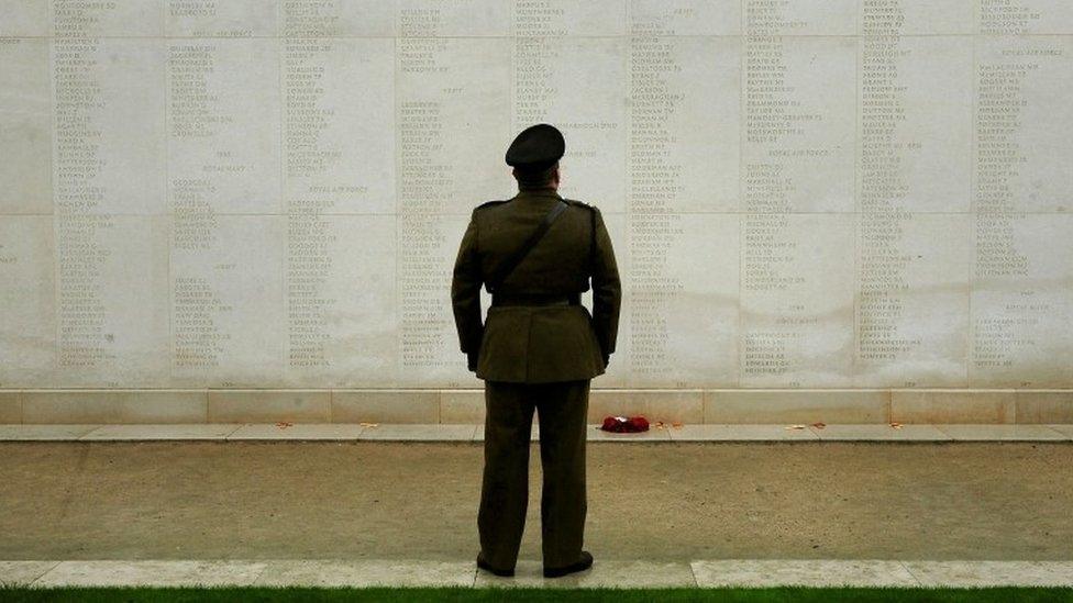 Member the Armed Forces during Armistice Day commemorations at the Armed Forces Memorial, National Memorial Arboretum, Staffordshire.