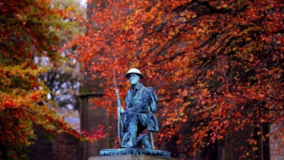 A statue of a soldier from the Great War on a war memorial in Shildon, County Durham