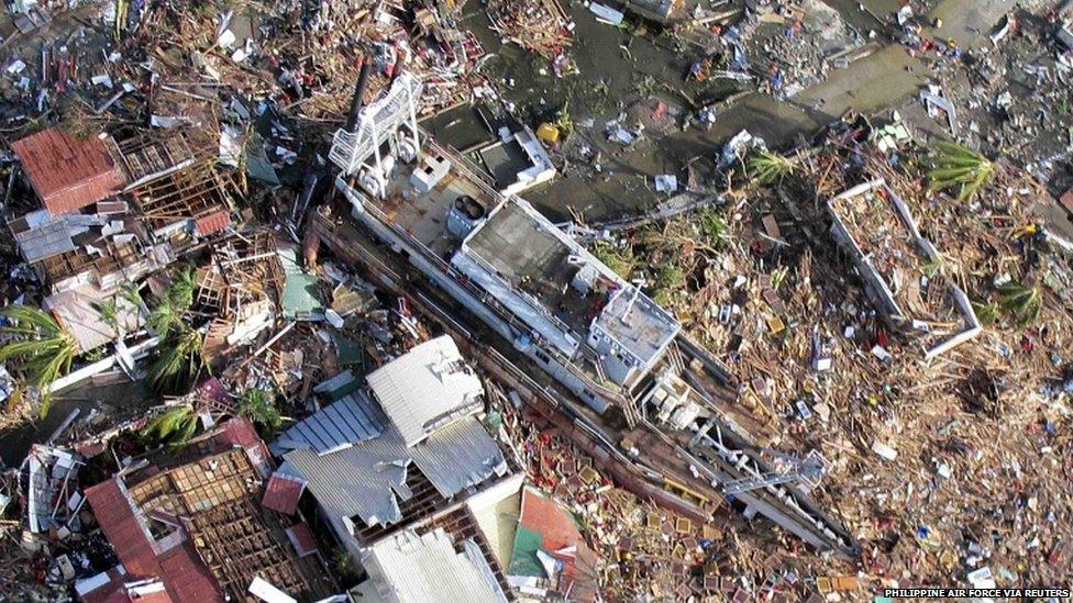 An aerial view of a ship after it was swept onto land at the height of super typhoon Haiyan in Tacloban city in central Philippines