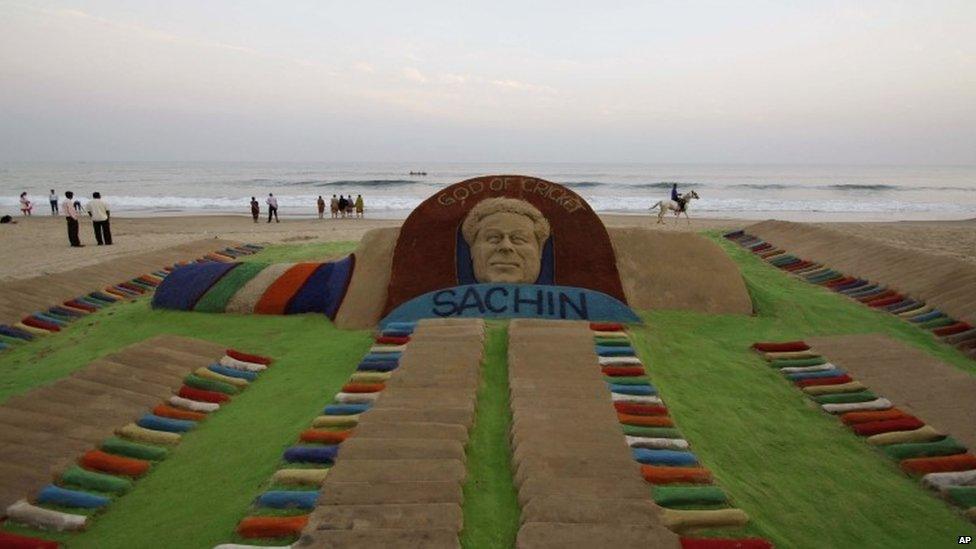 A sand sculpture of Tendulkar on a beach in the eastern city of Puri, 13 November 2013