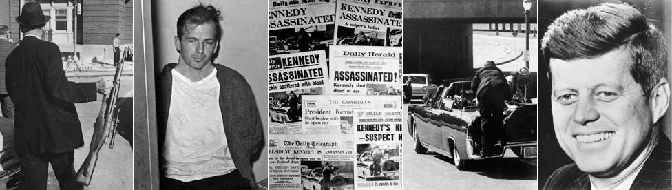 Man holding gun; Lee Harvey Oswald; newspapers announcing Kennedy's death; JFK's Lincoln moments after the shooting; JFK