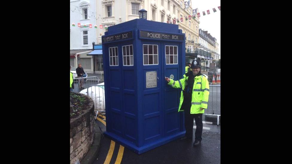 Tardis in Llandudno with a policeman