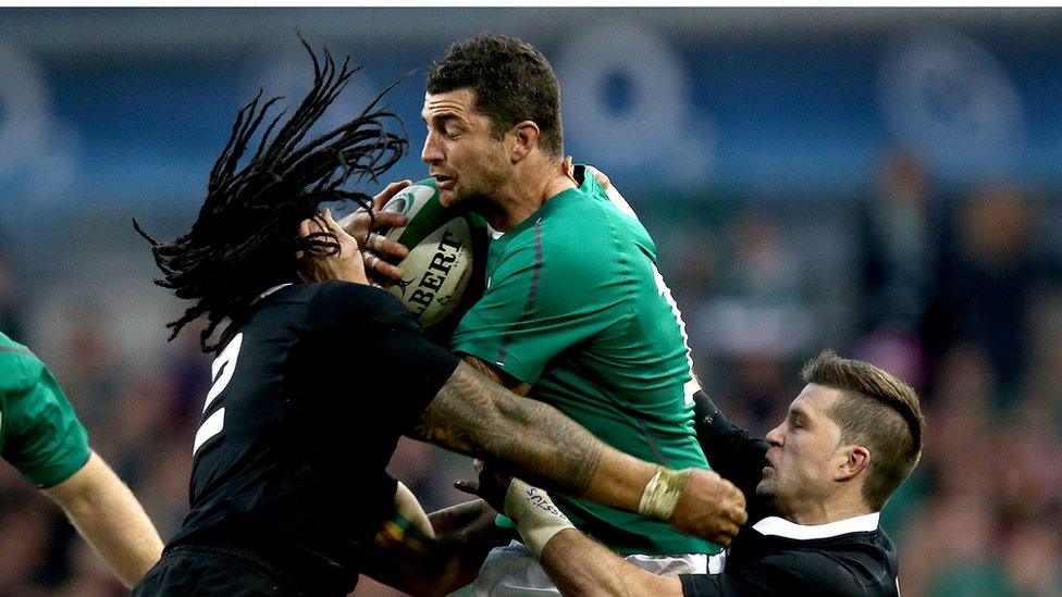 Ma'a Nonu and Cory Jane combine to tackle Ireland full-back Rob Kearney