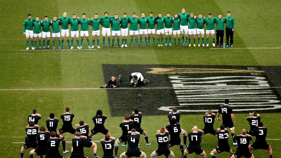 Ireland face the All Blacks haka before the start of the autumn international in Dublin