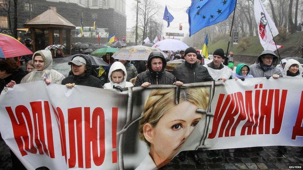 Protesters hold banner with picture of opposition leader, Yulia Tymoshenko