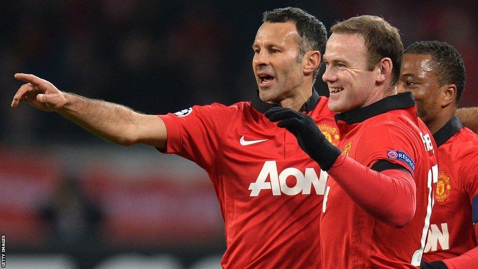 Ryan Giggs celebrates against Bayer Leverkusen