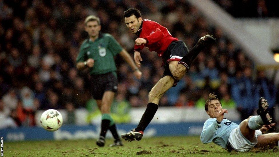 Ryan Giggs in action for Manchester United against Manchester City during the 1994-95 season.