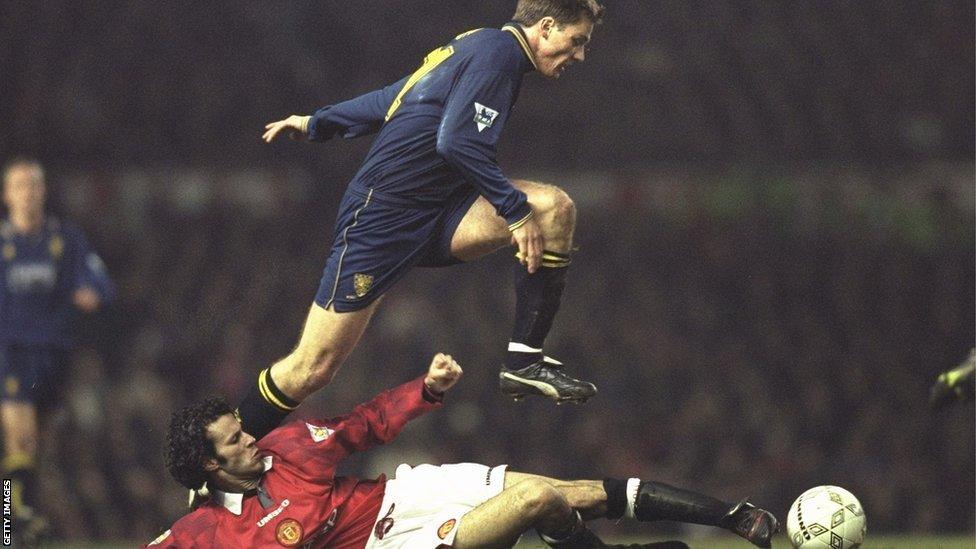 Ryan Giggs scores for Manchester United against Wimbledon during the 1996-97 season