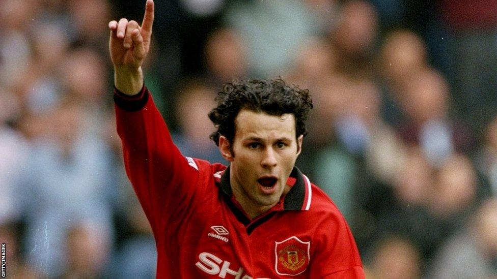 Ryan Giggs scores for Manchester United against Manchester City during the 1995-96 season