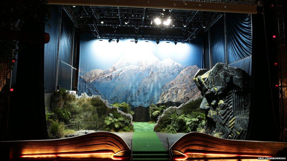 Giant pop-up book with mountain scene