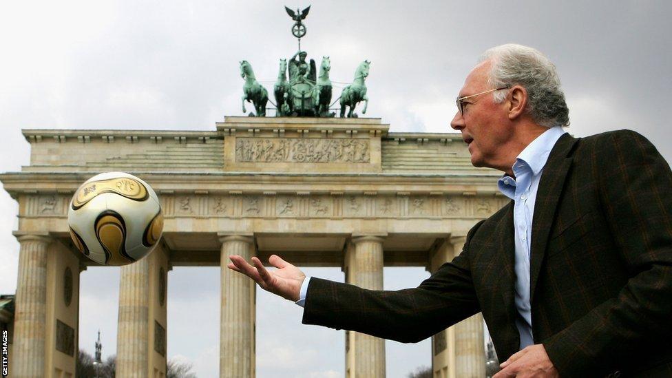 Germany's former World Cup winning captain and coach Franz Beckenbauer at Brandenburg Gate in Berlin