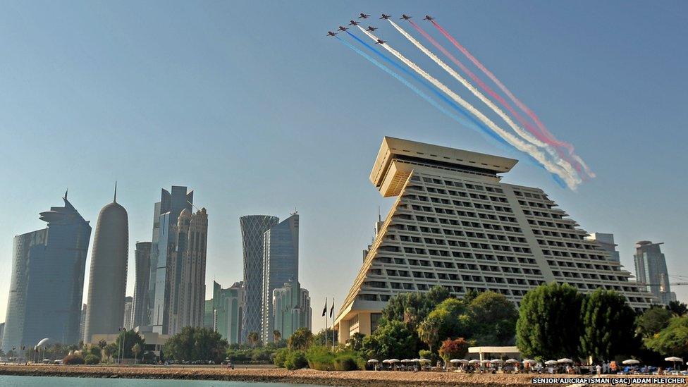 Red Arrows flying over the Sheraton hotel in Doha