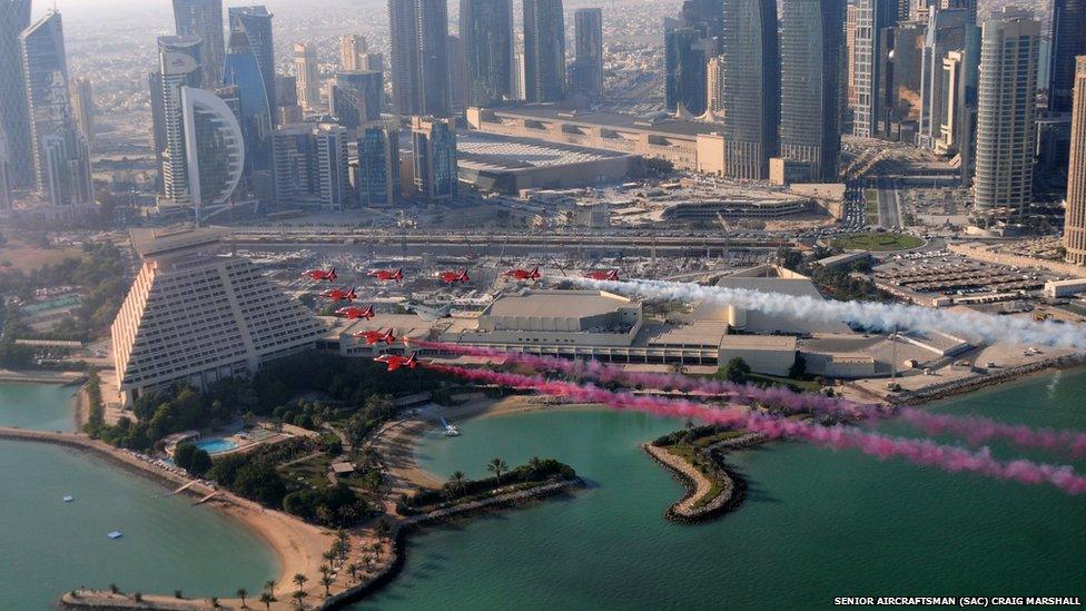 Red Arrows flying over the Sheraton hotel in Doha