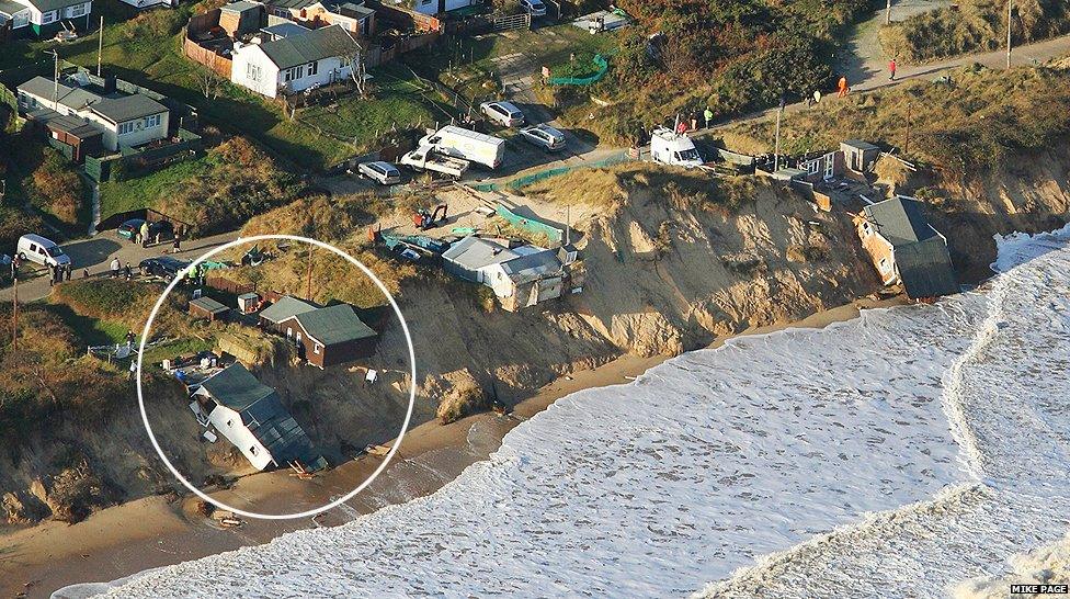 Aerial view of the cliff at Hemsby after the tidal flood resulting in homes falling down the cliff