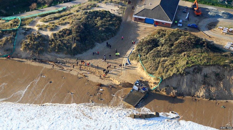 The tidal flood caused the destruction of the lifeboat shed at Hemsby