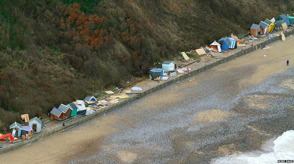 Beach huts along the Norfolk coast at Cromer were destroyed in the tidal surge