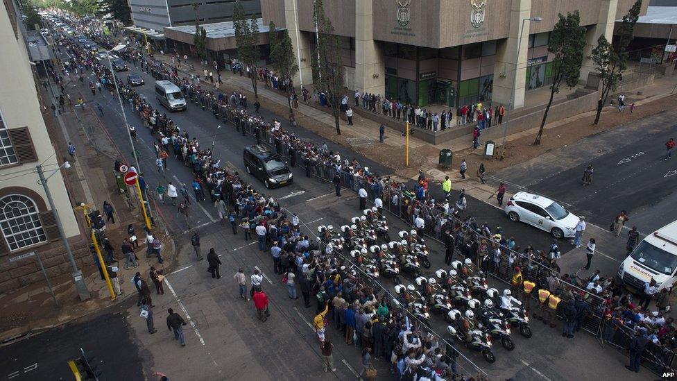 Aerial view of procession passing along