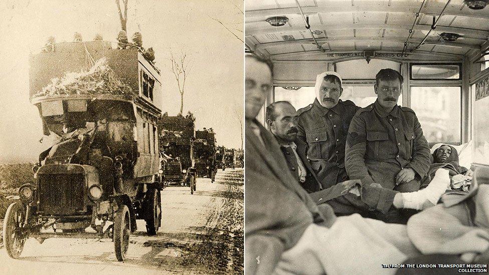 B-type London buses transporting troops and used as an ambulance in the First World War