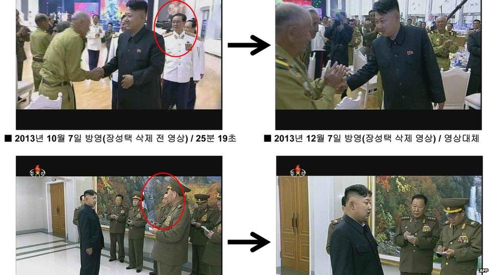 Handout released on 9 December 2013 from South Korea's Ministry of Unification shows before and after photos of still grabs taken from the documentary "The Great Comrade", re-broadcast on North Korean state broadcaster KCTV on 7 December 2013, showing scenes from the original version (on the left-hand side) broadcast on 7 October and of the recently rebroadcast version (R) where the powerful uncle of North Korean leader Kim Jong-Un, Chang Song-thaek (in the red circle L), was edited out of footage