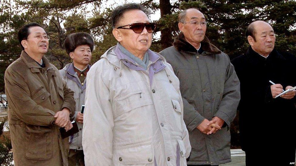 Undated file picture released by KCNA on 2 December 2008 shows then-North Korean leader Kim Jong-il (C) inspecting Pyongyang's central zoo as his brother-in-law Chang Song-thaek (back L) looks on