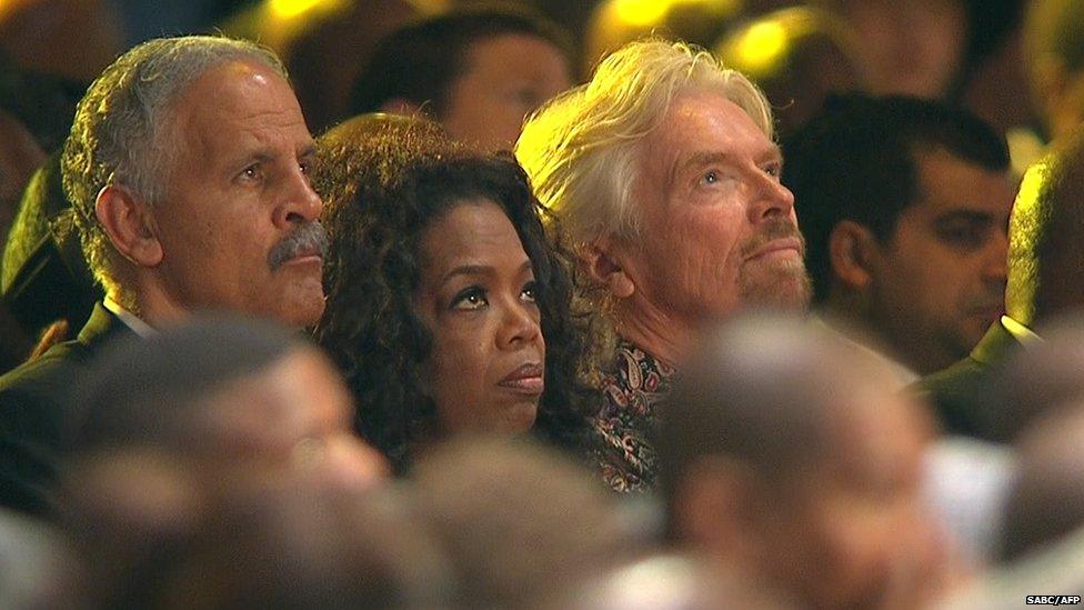 US talk show host Oprah Winfrey, her husband Stedman Graham (left) and English businessman Richard Branson