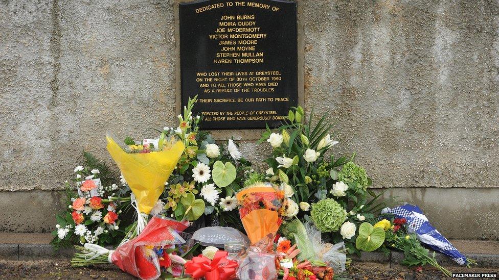 A week later, a remembrance service was also held in in Greysteel, County Londonderry, 20 years after eight people were murdered at the Rising Sun bar in 1993. Two gunmen from the Ulster Freedom Fighters (UFF) opened fire on the bar on 30 October, 1993. They shot dead seven people and another man later died of his injuries.