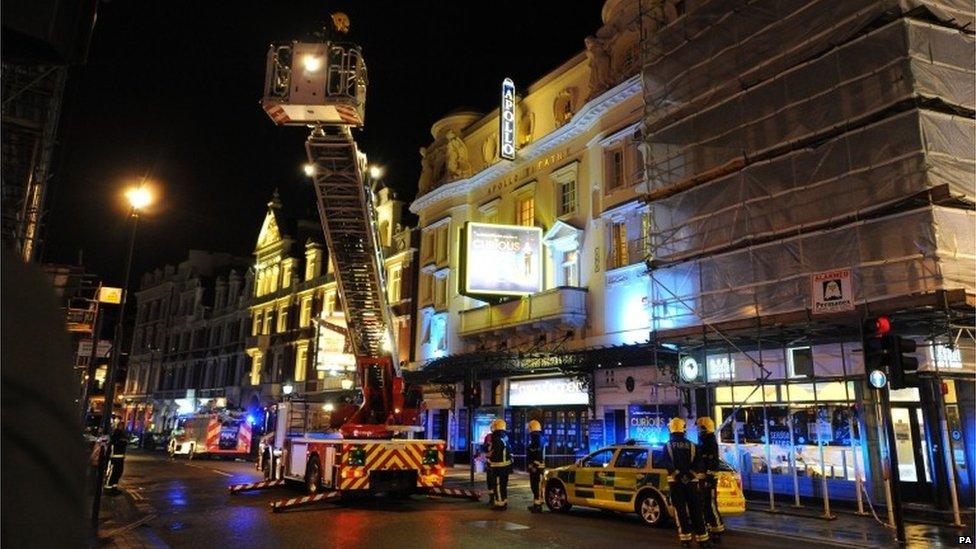 London Fire Brigade sent eight fire engines and more than 50 firefighters. The theatre's roof was inspected using an aerial ladder platform.