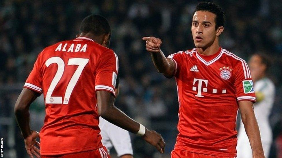 Thiago Alcantara of Bayern Munich celebrates with David Alaba after scoring his team's second goal during the Fifa Club World Cup Final against Raja Casablanca at Marrakech Stadium