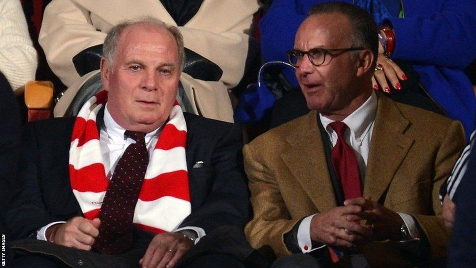 Uli Hoeness and Karl-Heinz Rummenigge of Bayern Munich are seen during the Fifa Club World Cup Final against Raja Casablanca at Marrakech Stadium