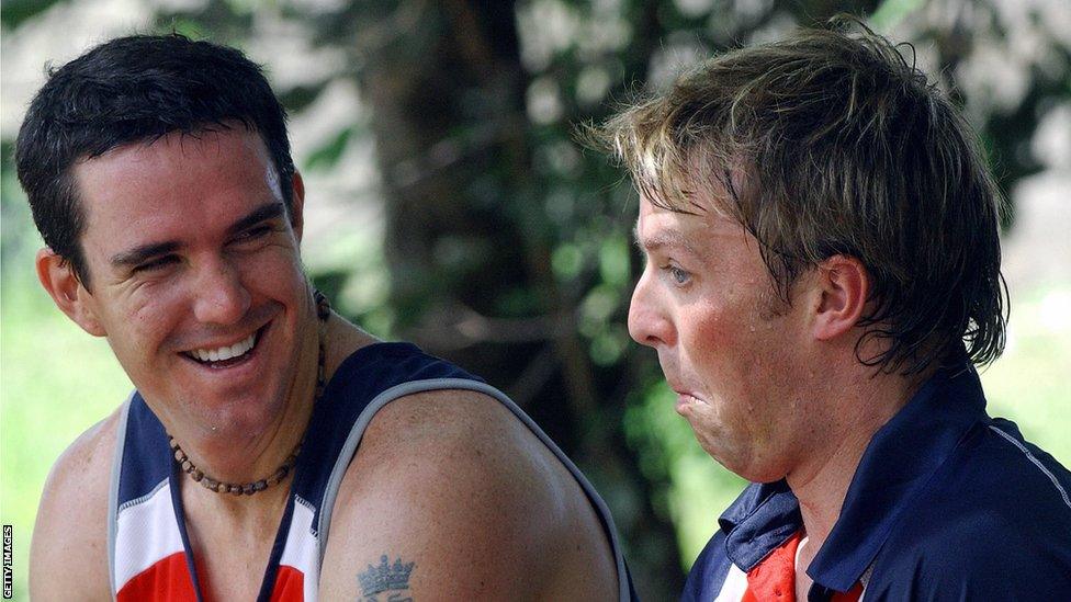 26 Sep 2007 - England cricketer Kevin Pietersen (L) shares a light moment with team mate Graeme Swann during a net practice session at The R. Premadasa Stadium in Colombo, 26 September 2007.