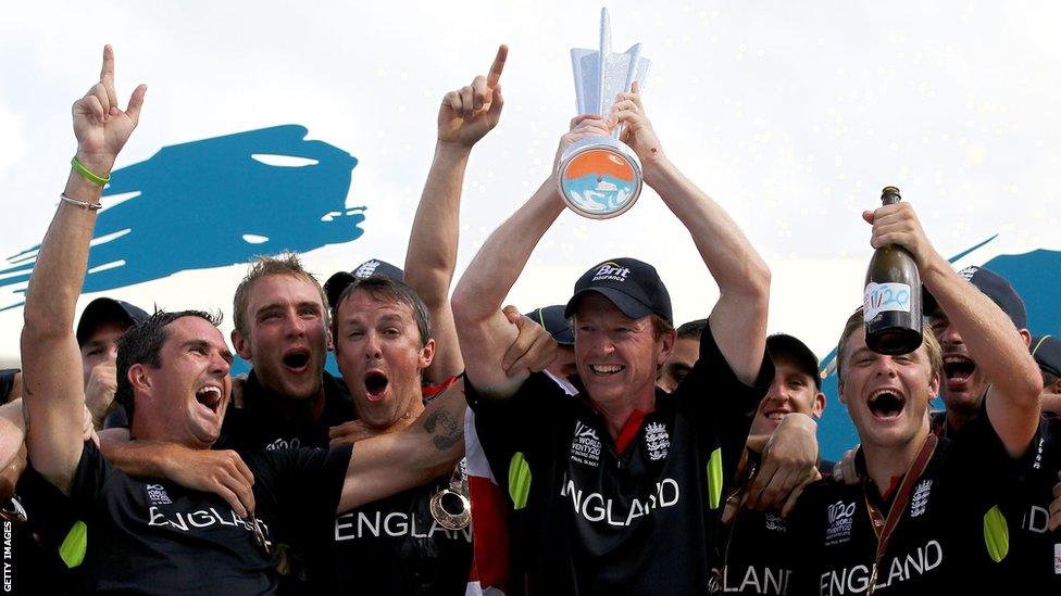 16 May 2010: Paul Collingwood of England celebrates with the series trophy after winning the final of the ICC World Twenty20 between Australia and England at the Kensington.