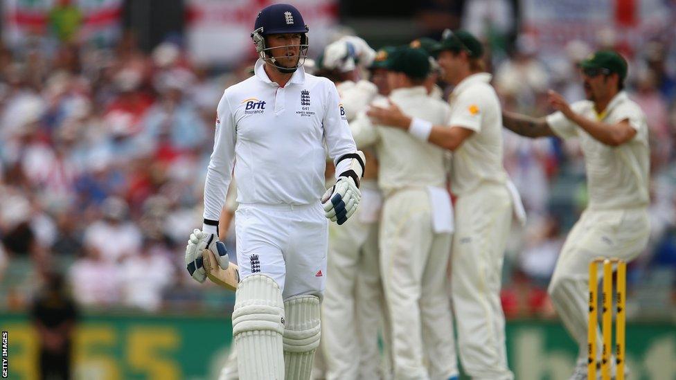 17 Dec 2013: Graeme Swann of England looks dejected after being dismissed by Nathan Lyon of Australia during day five of the Third Ashes Test Match between Australia and England.