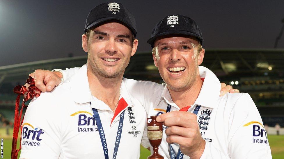 25 Aug 2013: James Anderson (L) and Graeme Swann of England pose with the urn after winning the Ashes during day five of the 5th Investec Ashes Test match.