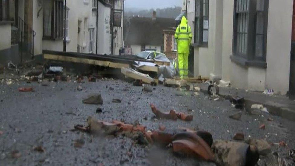 Part of a roof on the road in Hatherleigh, Devon