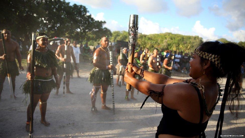 Traditional dancers welcome the relay to Nauru, which was the 12th country on the tour around the Commonwealth.