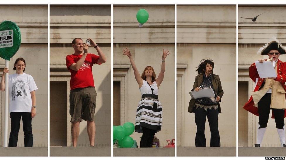 Five of the 2,400 Fourth Plinth performers in Antony Gormley's One and Other project