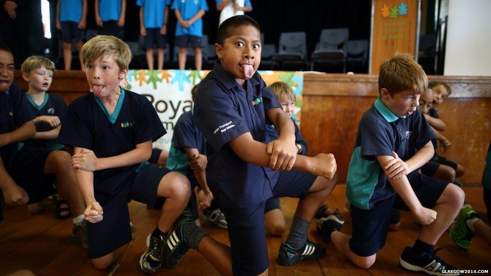 The Haka, or 'War Dance' as performed by students from the Royal Oak Primary School, during the baton's visit to Auckland, New Zealand.