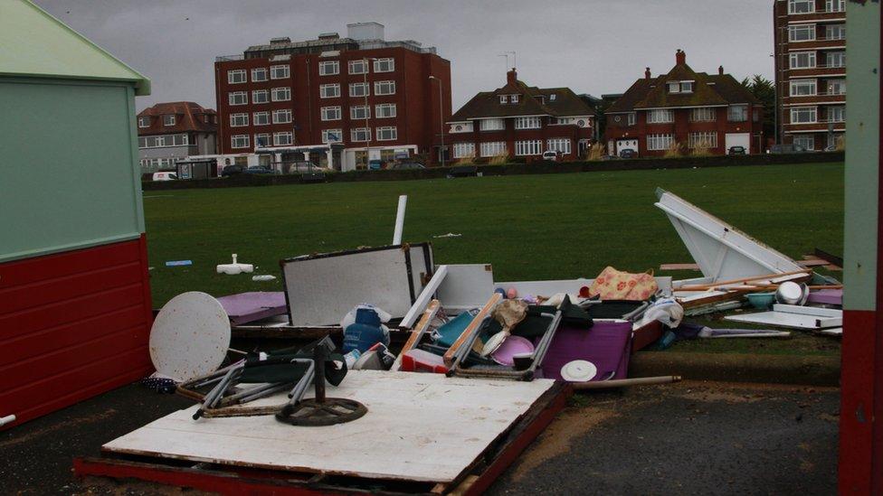 Destroyed beach hut, Brighton