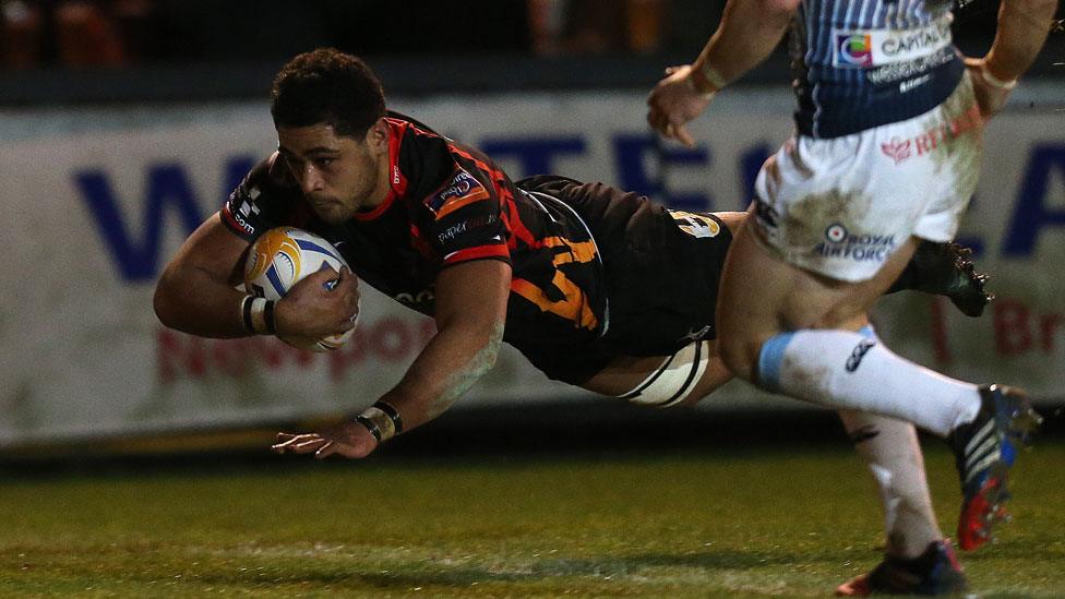 Toby Faletau scores for the Dragons against Cardiff Blues