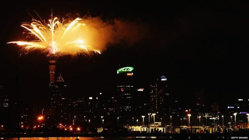 Fireworks are let off from the Auckland Sky Tower to celebrate the new year