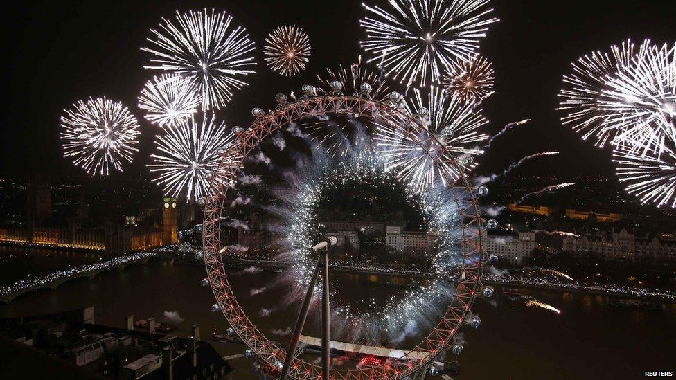 London Eye lit up by fireworks