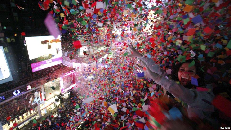 Confetti dropped on revellers during New Year's Eve celebrations in Times Square, New York