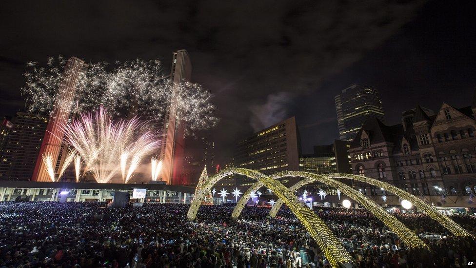 Fireworks in Nathan Phillips Square in Toronto, Canada