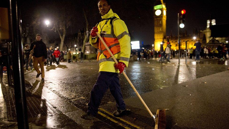 The clean up begins in central London after the New Year celebrations