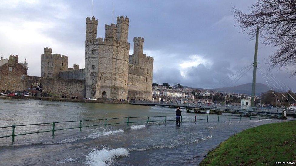 Flooding around Caernarfon Castle in north Wales