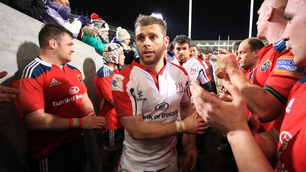 Ulster try-scorers Darren Cave and Jared Payne leave the field after their side's Pro12 win over Munster