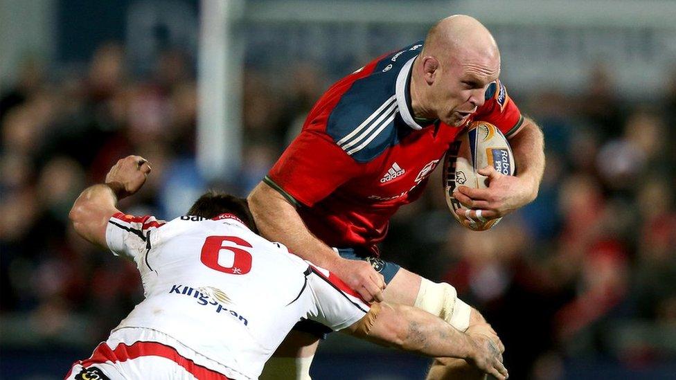 Ulster captain Robbie Diack in action against Munster second row Paul O'Connell during the battle of the Irish provinces