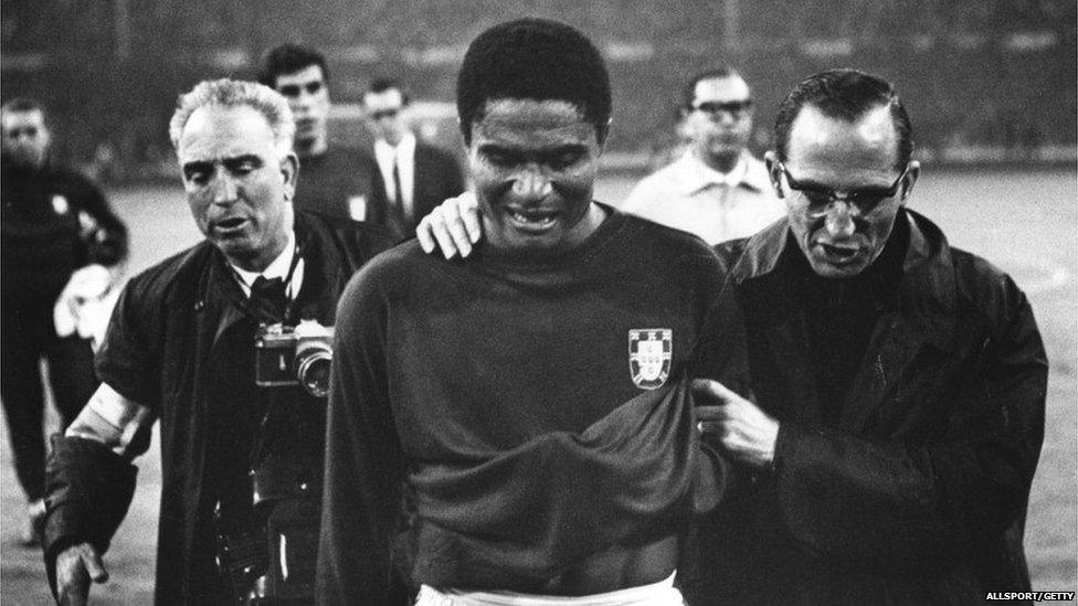 Eusebio leaves the pitch in tears after England beat his team 2-1 in the World Cup semi-finals at Wembley in 1966